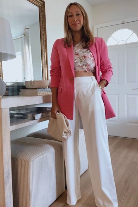 Valentine’s Day outfit resort style white linen pants pink blazer 