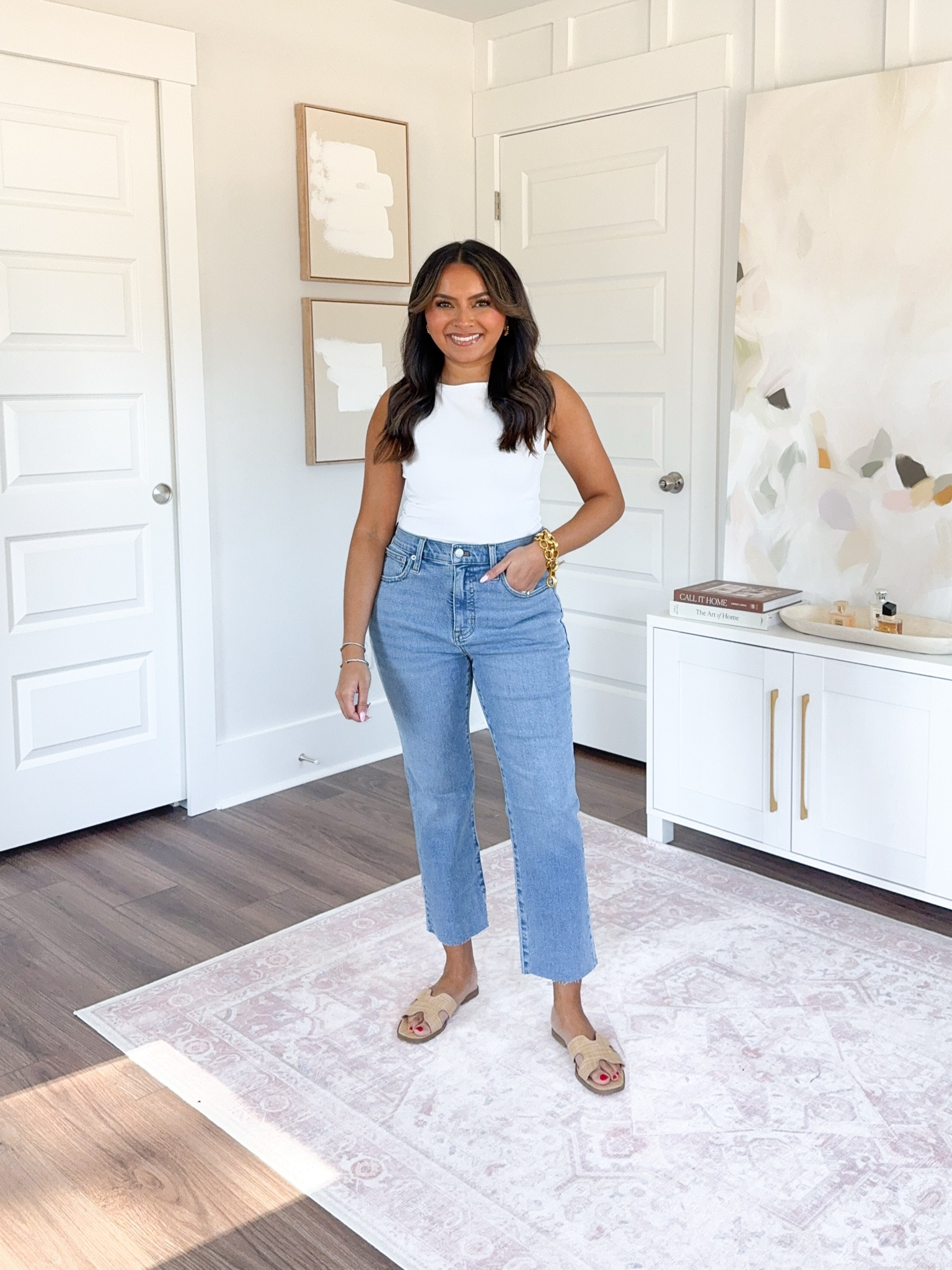 White tank size xs TTS
Palm blue wash wide leg crop jeans size 27 petite - i sized up a size, these fit a snug in the waist
Tan sandals size 5.5 TTS


#LTKStyleTip #LTKPetite #LTKSaleAlert