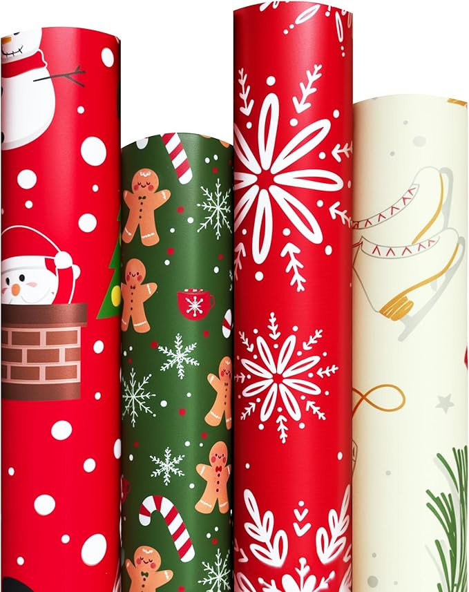 Christmas Wrapping Paper Set of 4 Rolls (93 sq. ft. ttl) With Colorful Holiday Patterns Santa Cla... | Amazon (US)