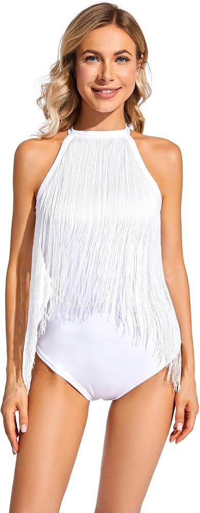 WERFORU Women Fringe Bodysuit Tassel Sleeveless Halter Bodysuit Tank Top,White,M | Amazon (US)
