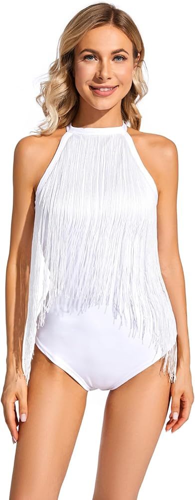 WERFORU Women Fringe Bodysuit Tassel Sleeveless Halter Bodysuit Tank Top,White,M | Amazon (US)