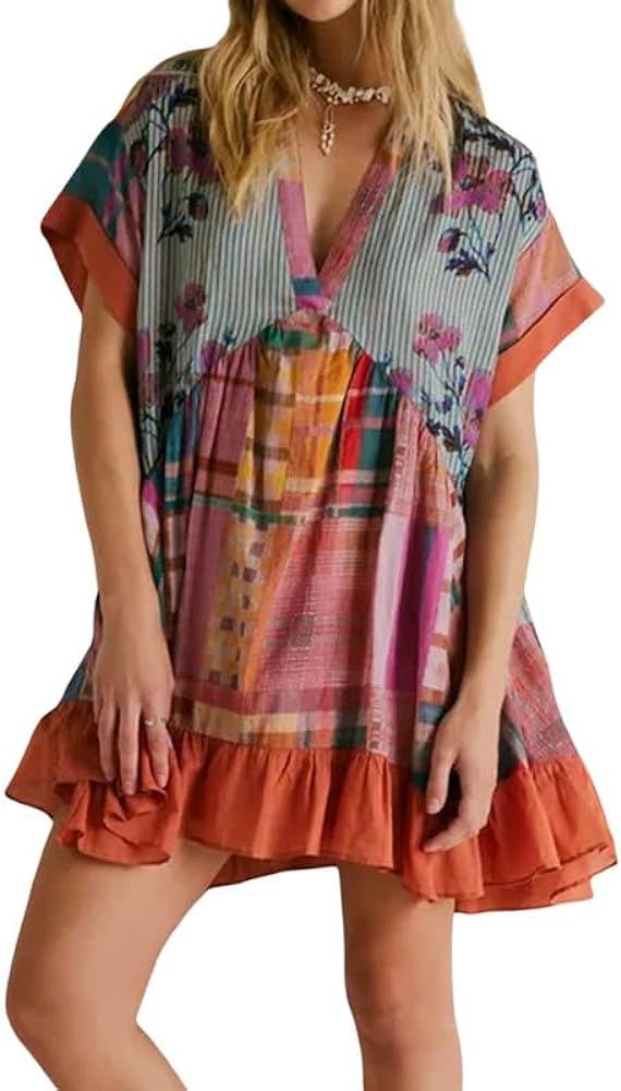 Women’s Boho Mini Dress Y2k Floral Deep V-Neck Puff Sleeve Short Dresses 2024 Summer Causal Bea... | Amazon (US)