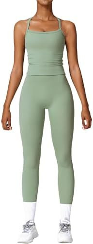 Womens Workout Sets Two Piece Cross Back Tank Top Matching High Waist Leggings Sets Gym Outfits W... | Amazon (US)