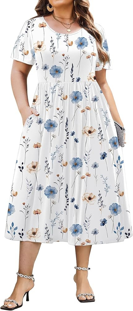 IN'VOLAND Women Plus Size Short Sleeve Dress Loose Summer Casual A-Line Flowy Midi Dresses with P... | Amazon (US)