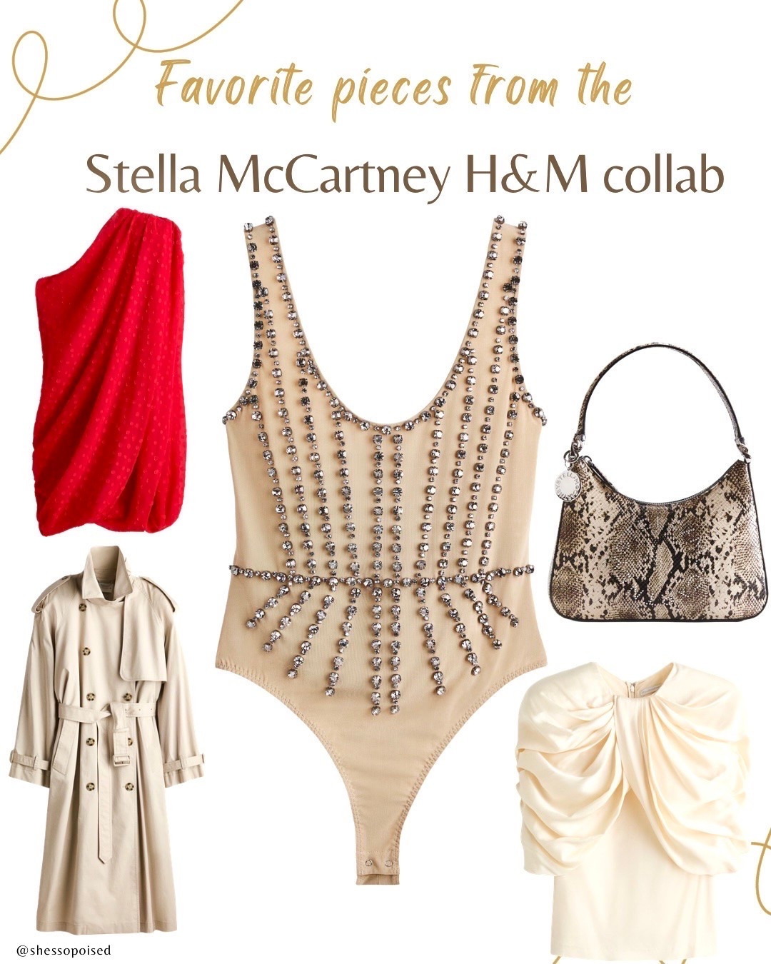 Top 5 items I would buy from the Stella McCartney x H&M designer collab that drops May 7th at 10:00am Eastern Time. The nude embellished bodysuit is probably my favorite piece. A trench coat is always classic and the draping on the cream top is visually interesting. The dress although a bit short is a beautiful color and the snakeskin print purse looks to be a good size.

#LTKootd
