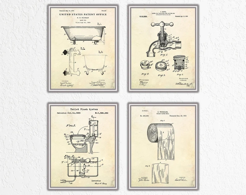 Bathroom Patent Wall Art, WC Sign, Lavatory, Restroom Vintage Decor, Toilet Inventions Blueprint ... | Etsy (US)