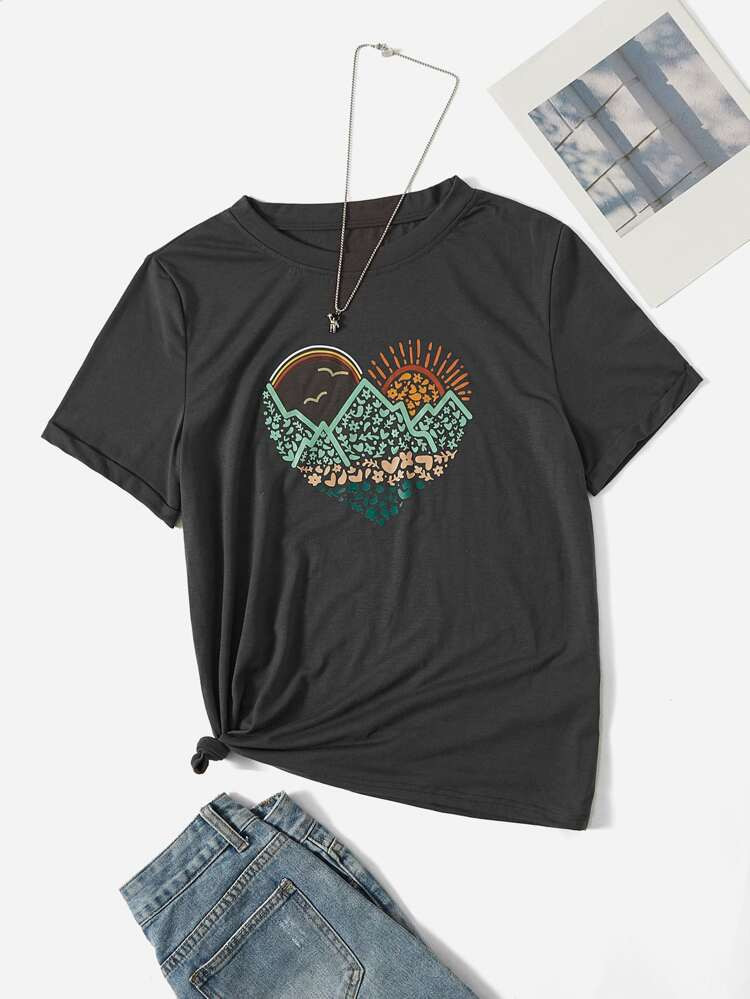 Sun & Mountain Print Tee | SHEIN