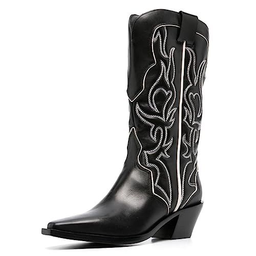 Yolkomo Western Cowboy Boots for Women Wide Calf Low Heel Distressed Cowgirl Boots | Amazon (US)