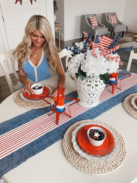 My patriotic tablescape for Memorial Day & the 4th of July! Home decor links from  Walmart- my dishes, etc. Links from Amazon & Wayfair as well. Memorial Day sales.

#LTKsalealert #LTKSeasonal #LTKhome