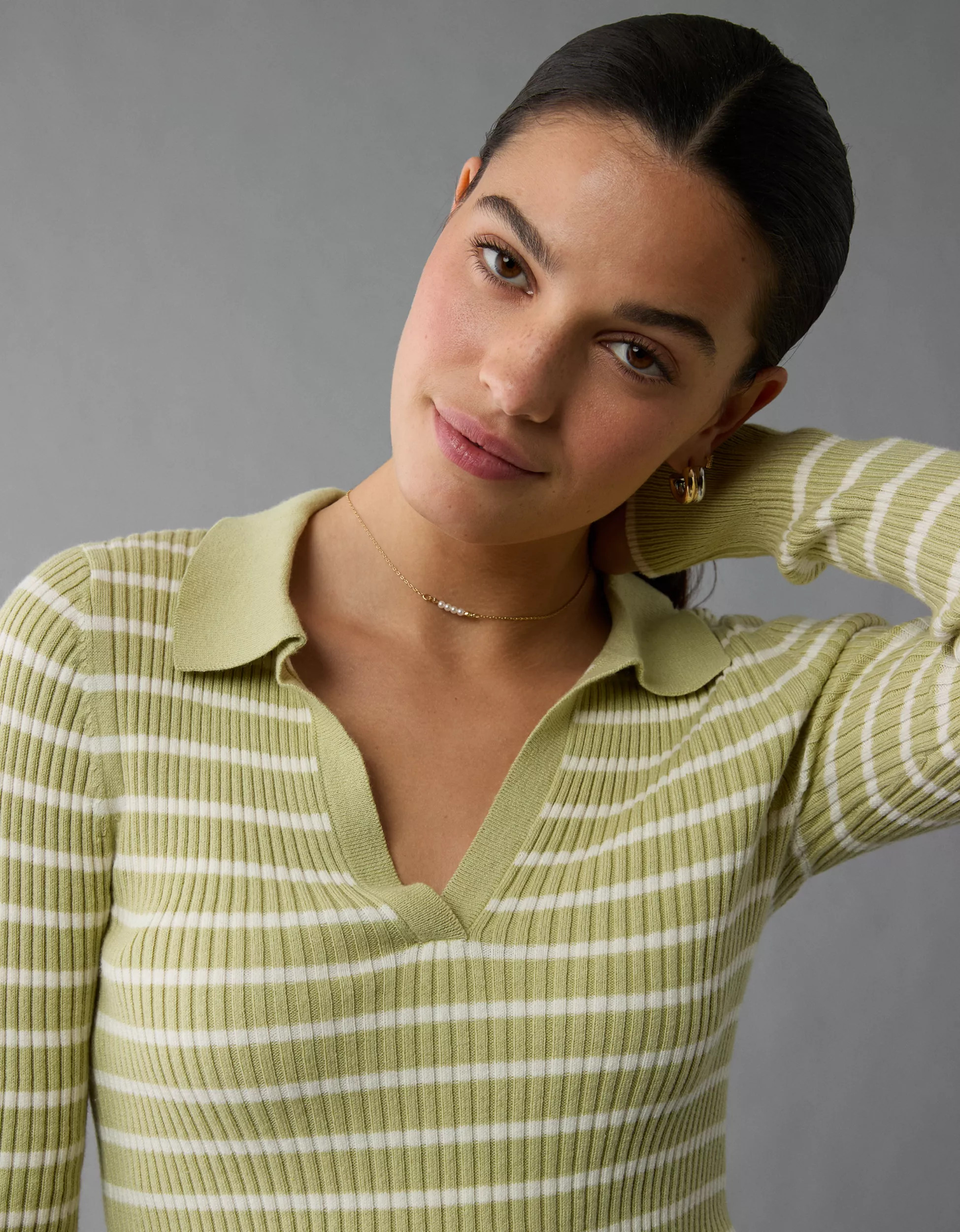 AE Long-Sleeve Striped Collared Polo Sweater | American Eagle Outfitters (US & CA)