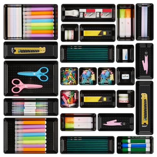Vtopmart 25 PCS Office Desk Drawer Organizers Set, 4-Size Versatile Plastic Drawer Organizer Trays, Storage Bins for Desk Accessories Office Organizers and Storage, Bathroom, Makeup, Vanity, Black | Amazon (US)