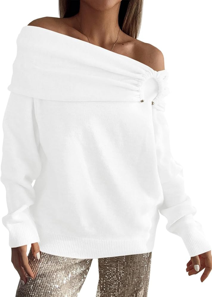 Saodimallsu Womens Off The Shoulder Sweater Top Fall Trendy Sexy Knitted Long Sleeve Loose Fold O... | Amazon (US)