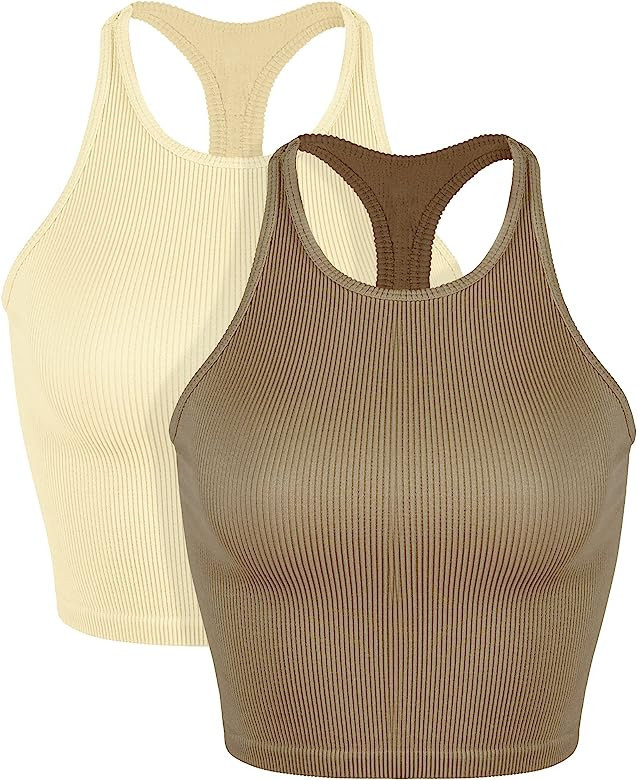 ODODOS Women's Crop 3-Pack Washed Seamless Rib-Knit Camisole Crop Tank Tops | Amazon (US)