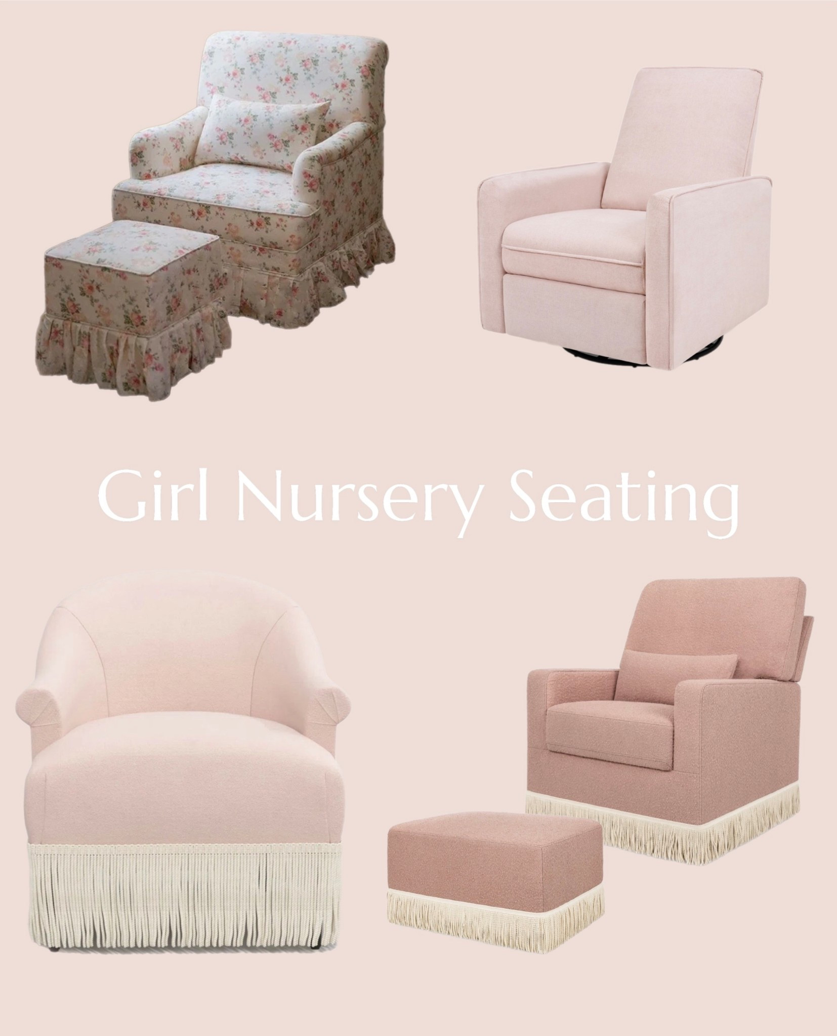 Baby girl room
Nursery chairs
Nursery rockers
Pink recliner
Fringe chair
Ruffled hem chair
Interior design 
Pink nursery 

#LTKBaby #LTKHome #LTKSaleAlert