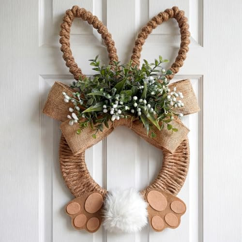 Norme 18 Inch Easter Bunny Wreath Spring Artificial Flower Rabbit Rattan Wreath with Rabbit Tail Feet Green Twig and Berries Linen Bow Knot for Farmhouse Front Door Farmhouse Wall Home Window Decor | Amazon (US)