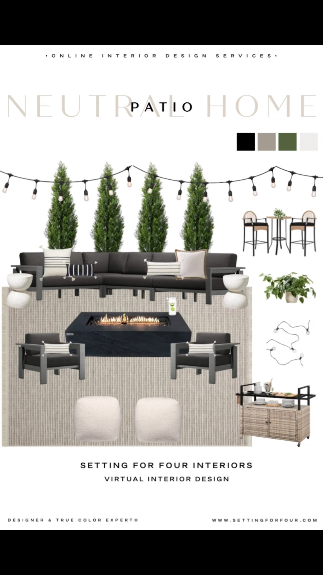 Neutral patio lounge furniture and decor. Relaxing and chic style. Neutral aesthetic, 
Organic modern, transitional, traditional, minimalist, classic, outdoor rug, faux cedar trees, planters, bar set, outdoor sectional sofa, patio chairs, firepit, ottomans, bar cart, string lights, backyard, outdoor, backyard, black, beige, white, greenery, planters, earthy

#LTKsummer #LTKhome #LTKsale