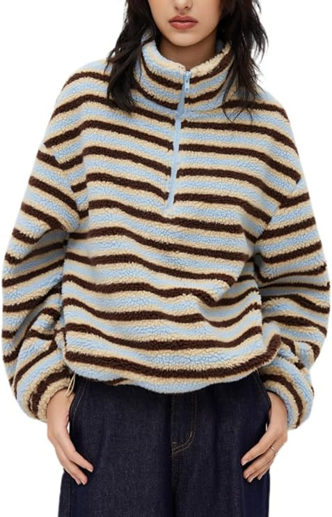 Adoeren Women Stripe Half Zip Fleece Pullover Jacket Turtleneck Winter Lightweight Sweatshirt Fuz... | Amazon (US)