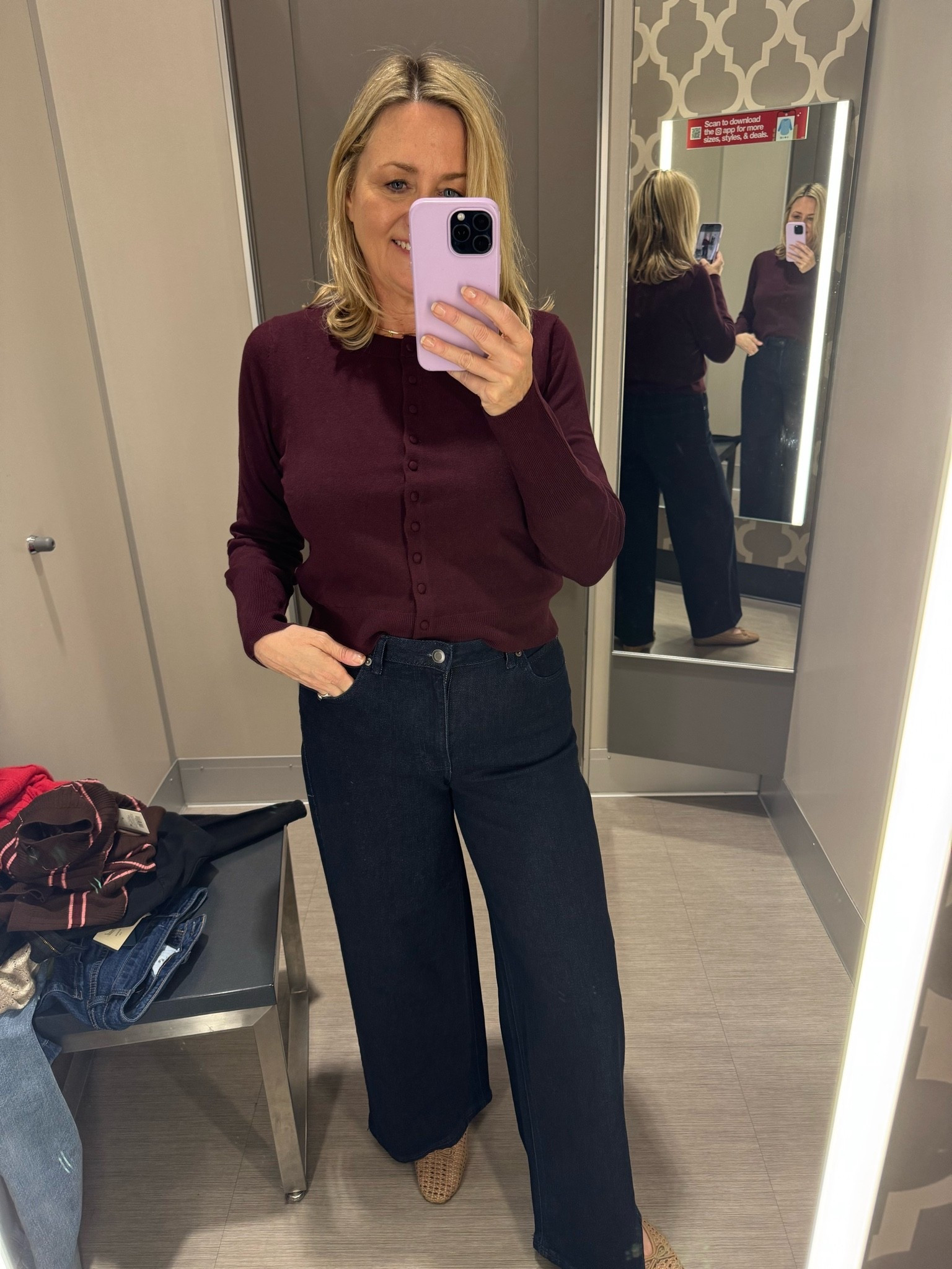 Cute wide leg jeans and cardigan sweater

#LTKootd #LTKOver40 #LTKMidsize