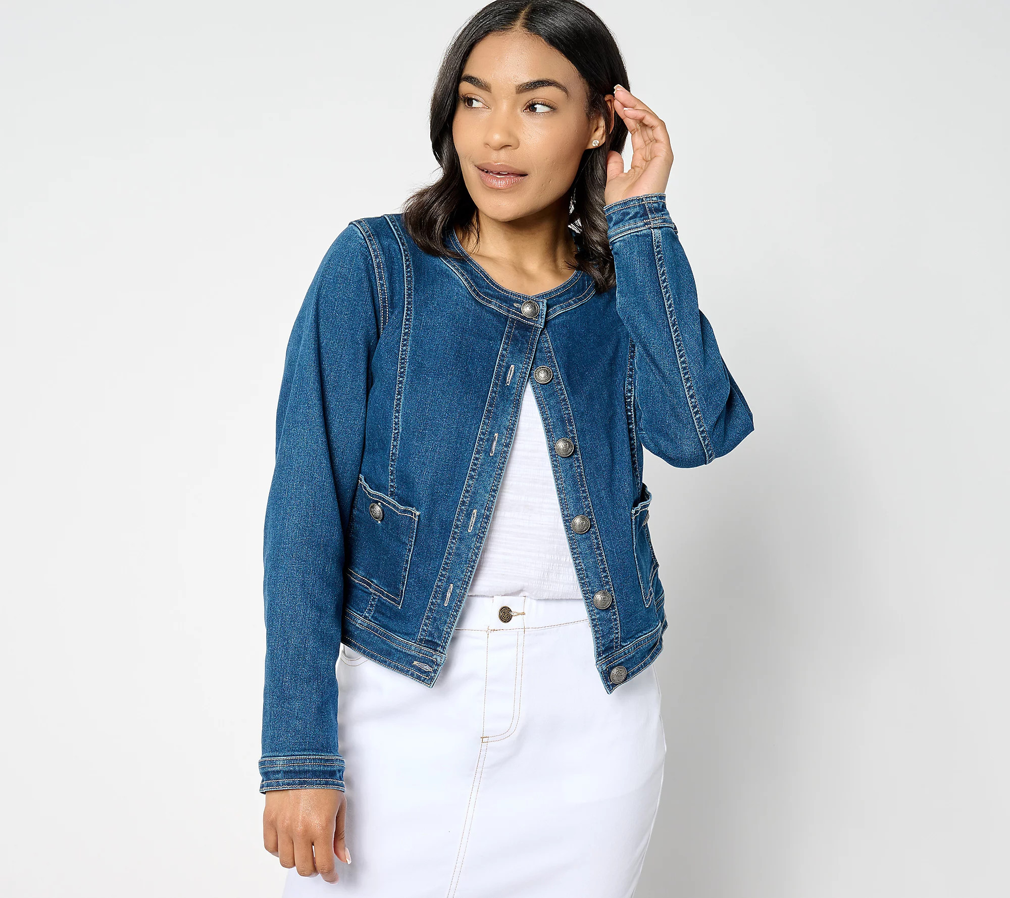 Susan Graver Stretch Denim Collarless Jacket | QVC