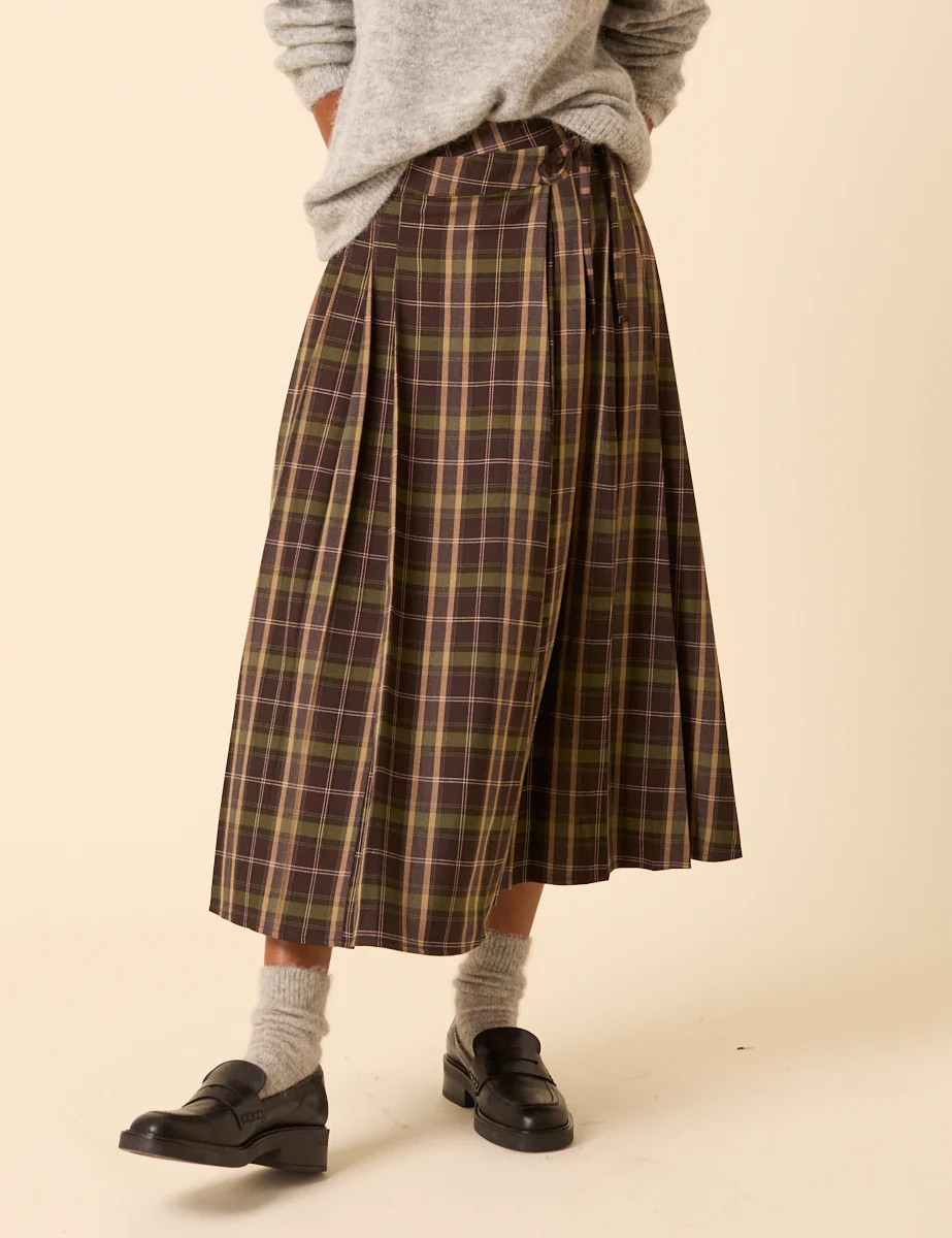 Green Check Tailored Kilt Midi Skirt | Nobody's Child