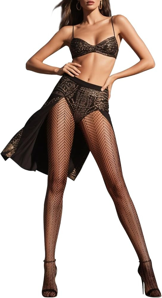 Black Women Fishnet Tights with Designs, High Waist Black Fishnets Stockings for Women | Amazon (US)