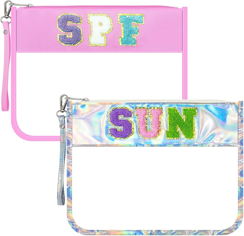 2 Pcs Monogram Chenille Letter Bag Clear Cosmetic Bag Zipper Pouch Preppy Stuff Waterproof Travel... | Amazon (US)