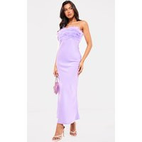 Lilac Satin Feather Bust Detail Maxi Dress, Lilac | PrettyLittleThing IE