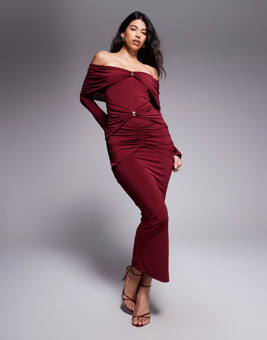 Ruched & Ready sculpted off shoulder gold hardware ruched detail bodycon maxi dress in burgundy-Red | ASOS (Global)
