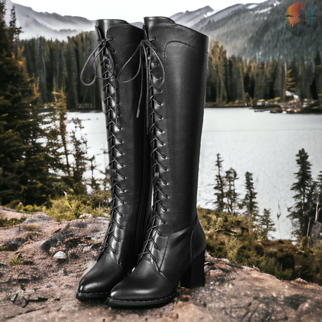 Women's Leather Laced and Zip Knee High Black Witch Boots 3 Inchheel Platform Knee Booties Perfec... | Etsy (US)