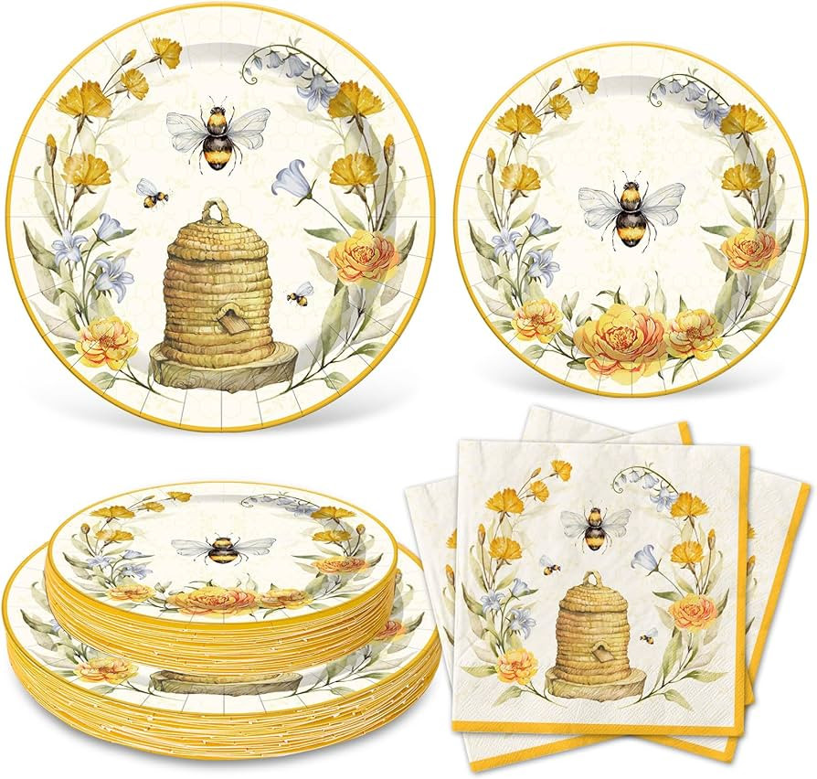 Whaline Bee Paper Plates and Napkins Set Summer Bee Flower Disposable Dinnerware for Wedding Birt... | Amazon (US)