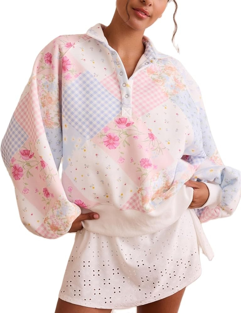 Women's Oversized Sweatshirts Flower Print Patchwork Stand Collar Button Pullover Tops Trendy Out... | Amazon (US)
