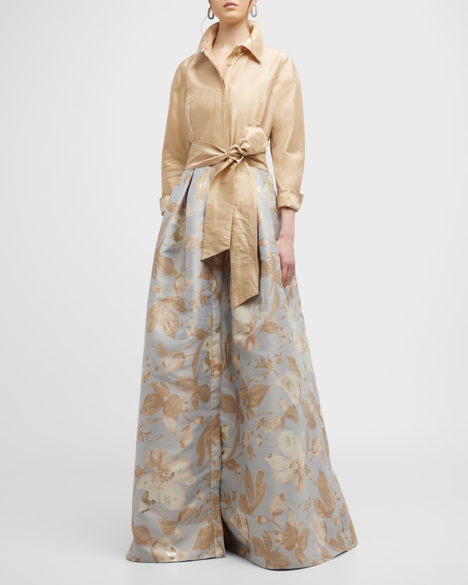 Floral Jacquard Waist Taffeta Shirtdress Gown | Neiman Marcus