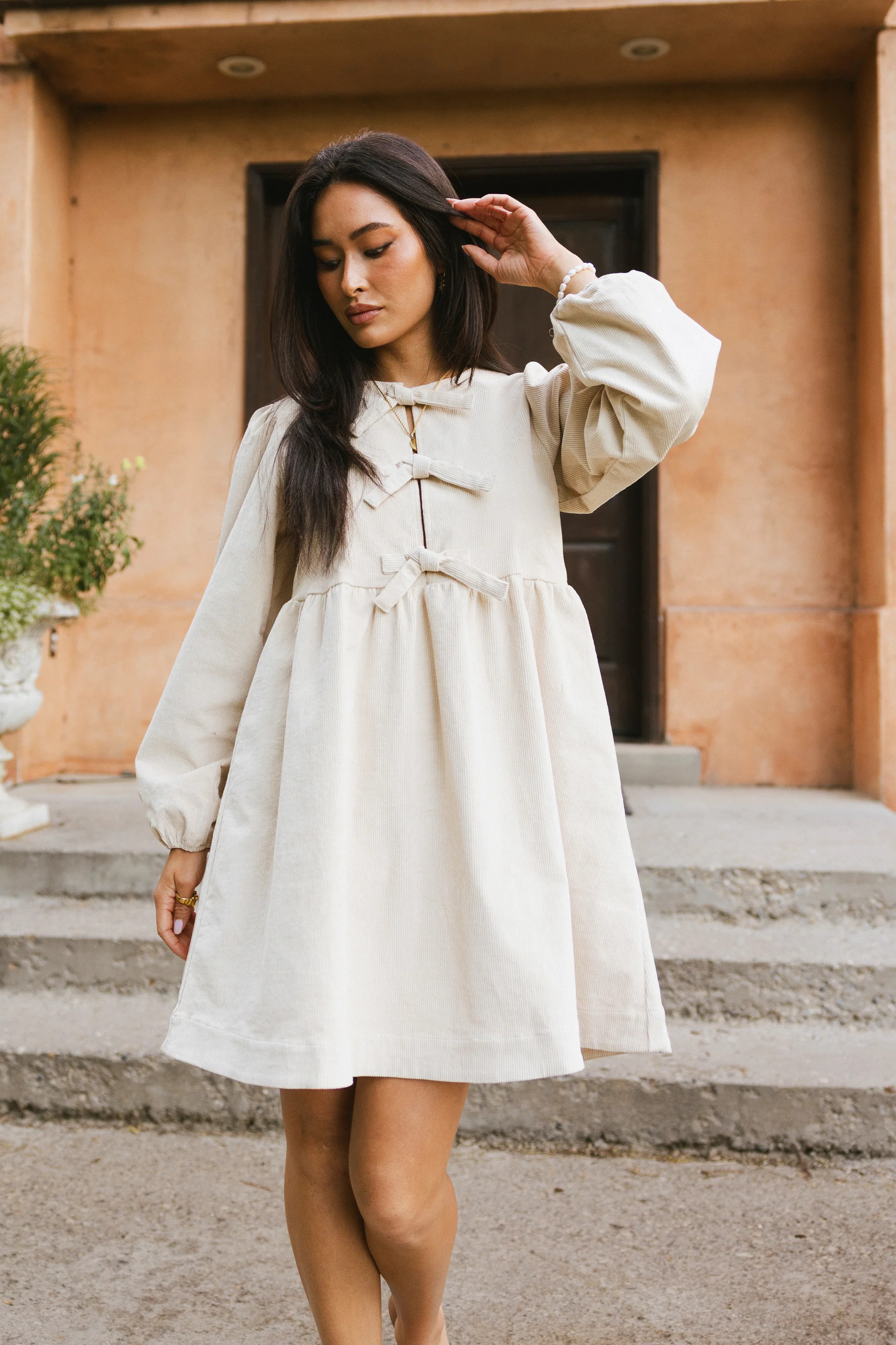 Tyler Peplum Mini Dress in Ivory Corduroy | Böhme US