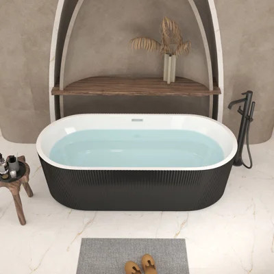 59" Linear Acrylic Freestanding Bathtub, Glossy Black Stand Alone Soaking Tub with Chrome Pop-Up Drain | Wayfair North America