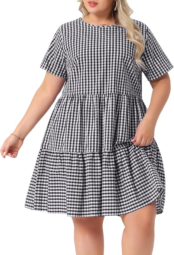 Agnes Orinda Plus Size Gingham Dresses 1950s Vintage Plaid Round Neck Short Sleeve Tiered Midi Su... | Amazon (US)