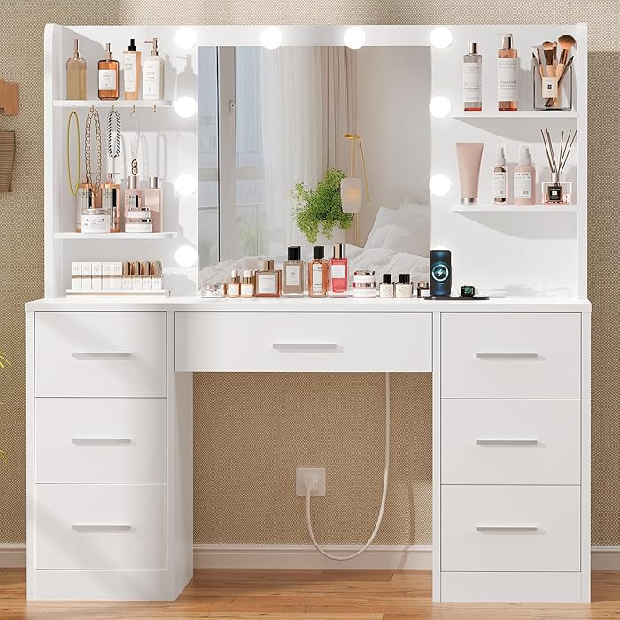 Quimoo Large Vanity Desk with LED Lighted Mirror & Power Outlet,Makeup Vanity Table with 7 Drawer... | Amazon (US)