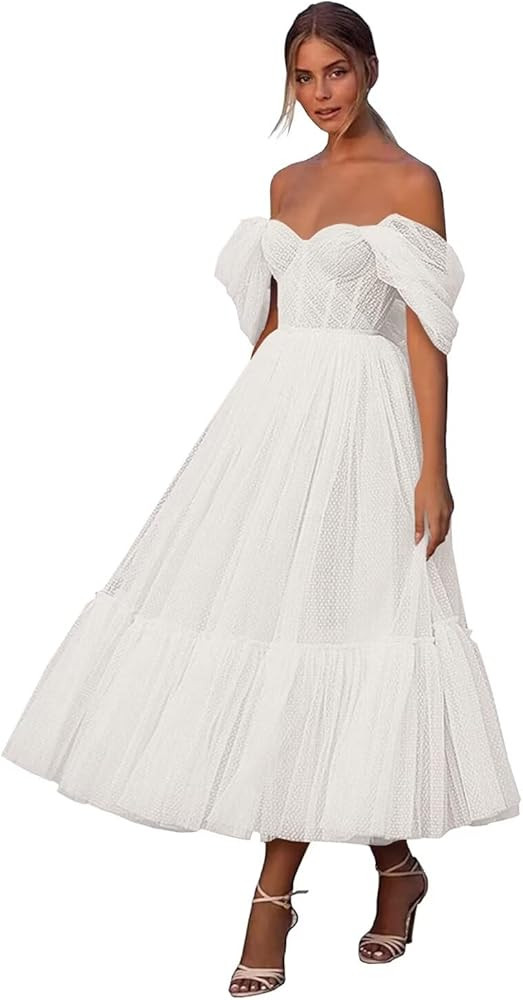 Eighale Tulle Dotted Tea Length Prom Dresses Off The Shoulder A-Line Formal Evening Party Gown | Amazon (US)