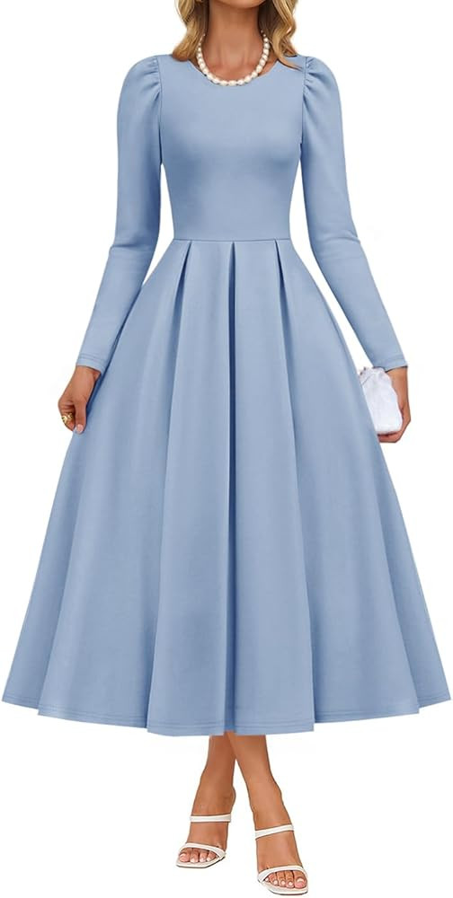 ZESICA Women's Long Sleeve Midi Dresses 2025 Fall Elegant Crewneck Swing A Line Wedding Guest Par... | Amazon (US)