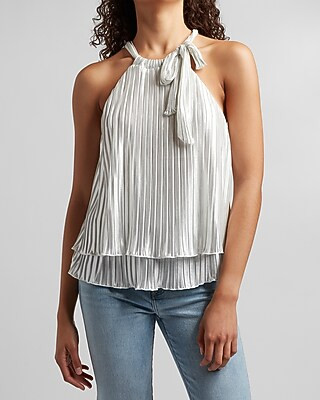 Metallic Pleated Tie Neck Halter Tank | Express
