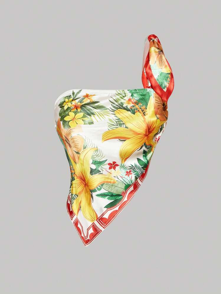 SHEIN MOD Women's Floral Top With Bow Tie, Diagonal Floral Print, Vacation Outfit,Easter Dress Women,Spring Break,Summer Outfits For Women,Elegant,Boho,Vacation Dress,Beach,Western Wear Women,Cute Top,Out Going Top | SHEIN