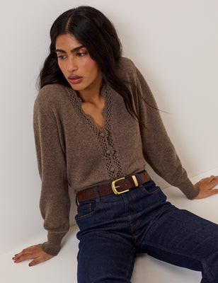 Brown Wool Blend Crochet Trim V-Neck Cardigan | Nobody's Child