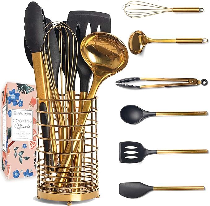 Black and Gold Kitchen Utensils Set with Holder - 7PC Gold Cooking Utensils Set Includes Black Si... | Amazon (US)