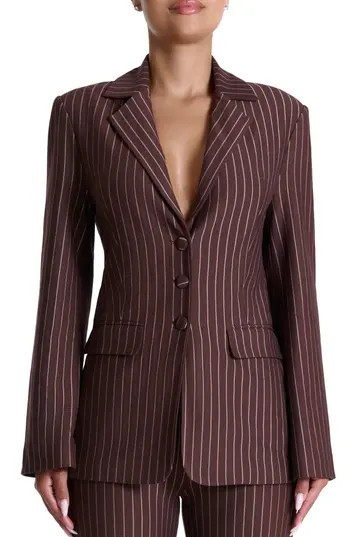 Naked Wardrobe Drama Shoulder Pinstripe Blazer in Brown at Nordstrom Rack, Size 1X | Nordstrom Rack