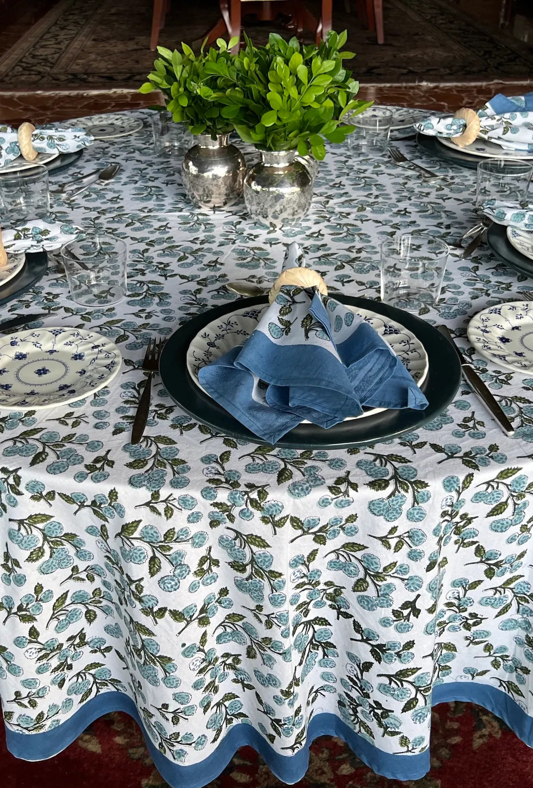 tablecloth blue floral print, block print, 90”round | Etsy (US)