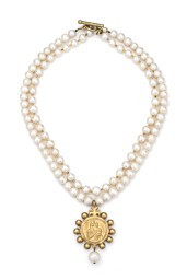 DOUBLE STRAND PEARLS AND GOLD HEISHI WITH GOLD CROWNING MARY MEDALLION | French Kande (US)