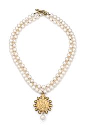 DOUBLE STRAND PEARLS AND GOLD HEISHI WITH GOLD CROWNING MARY MEDALLION | French Kande (US)