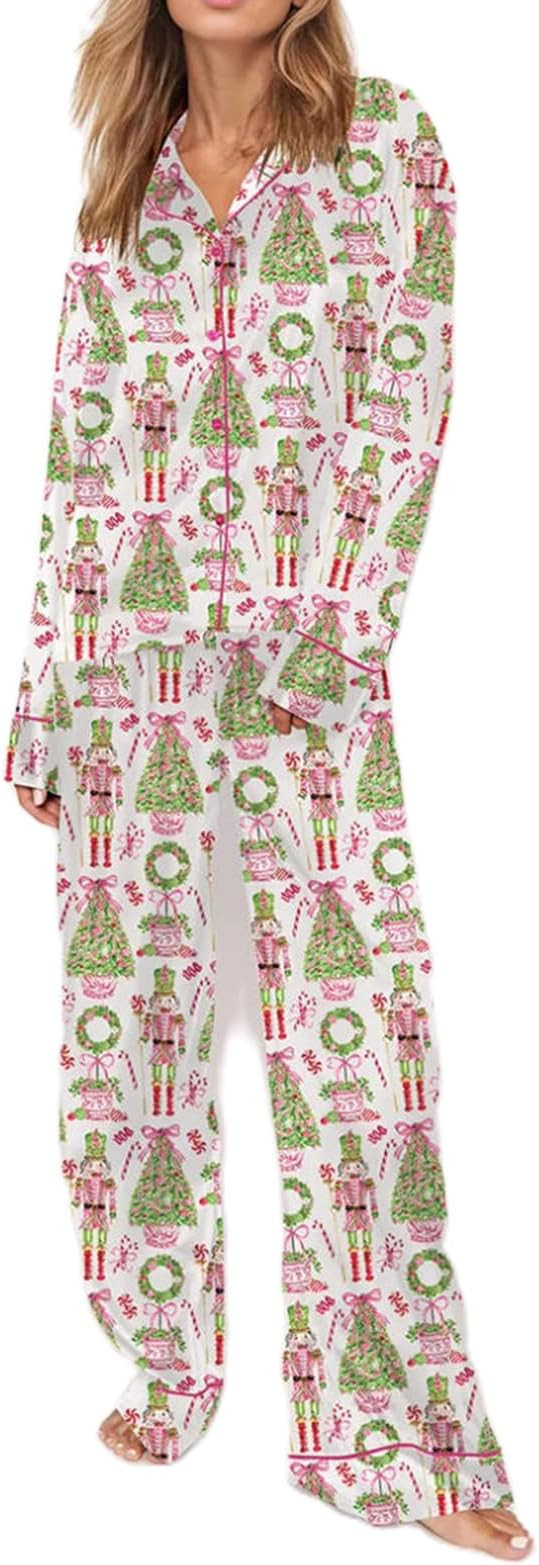 Y2k Women Silk Christmas Pajamas Stain Long Sleeve Button Down Shirt Pants 2 Piece Lounge Set Sle... | Amazon (US)