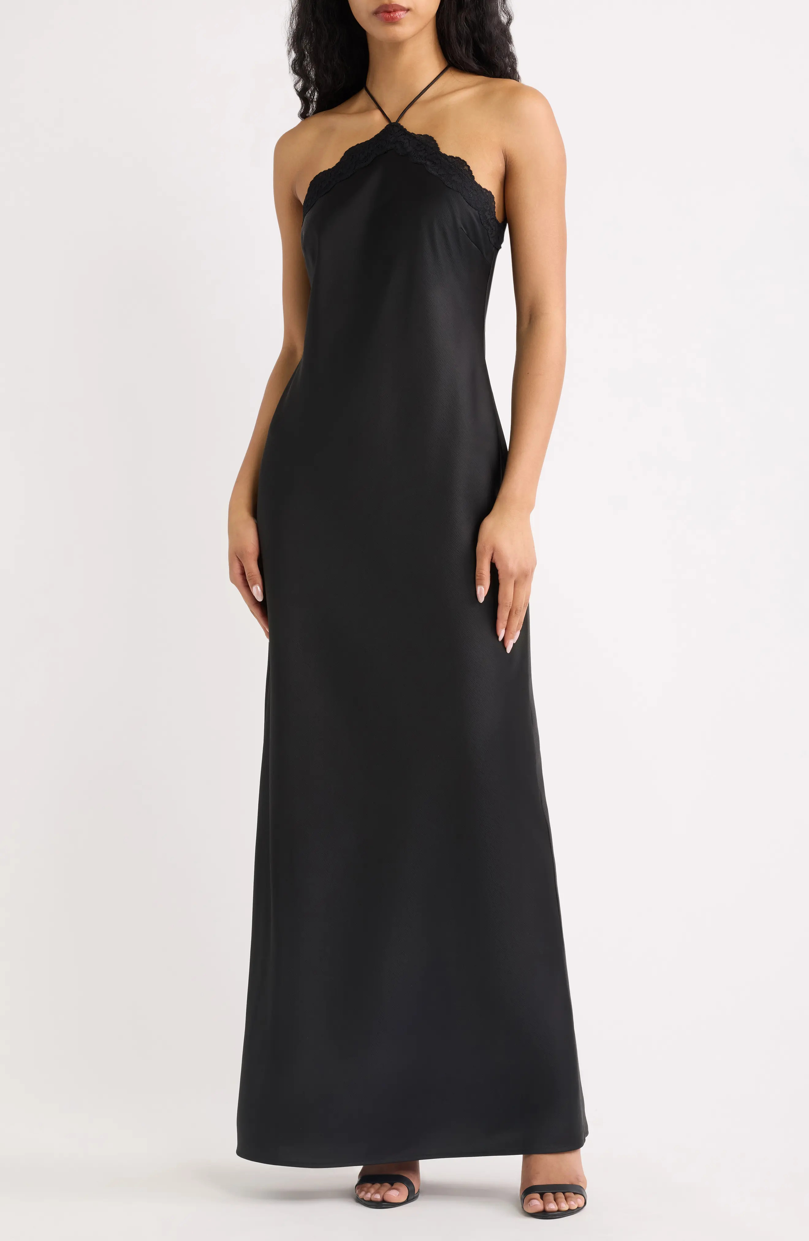 WAYF Lirien Lace Trim Halter Column Gown in Black at Nordstrom, Size X-Large | Nordstrom