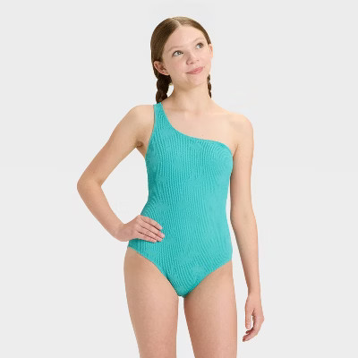 Girls' Playful Palms One Piece Swimsuit - art class™ Aqua Green S | Target