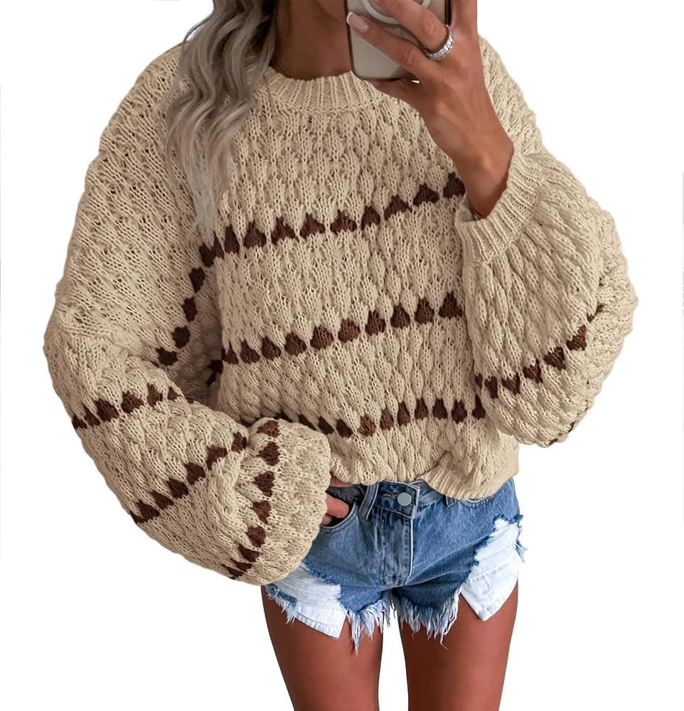 Okiwam Womens Long Sleeve Sweaters Crew Neck Striped Color Block Pullover 2024 Fall Fashion Overs... | Amazon (US)